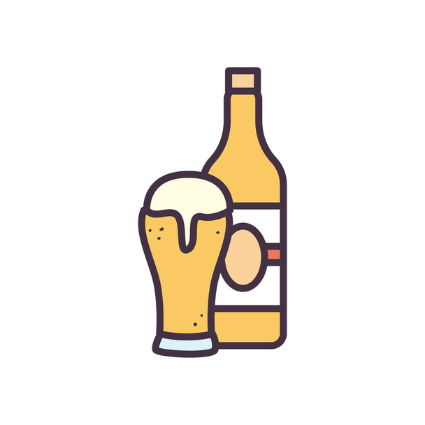 пиво стекло и линия бутылки и заполнить стиль иконки векторный дизайн - Вектор,изображение