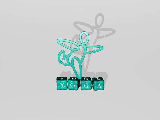 icono de yoga 3D en texto cúbico - Ilustración 3D para mujer y ejercicio - Foto, imagen