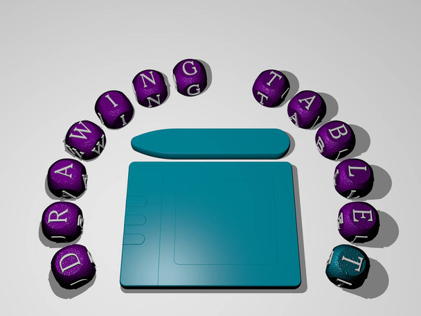 DRAWING TABLET icono rodeado por el texto de las letras individuales - Ilustración 3D para el fondo y el diseño - Foto, Imagen