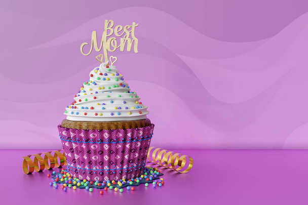 3D-Rendering von Cupcake, Text Best Mom auf einem Topper, rosa Hintergrund - Foto, Bild