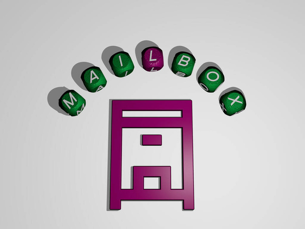 mailbox icoon omringd door de tekst van individuele letters - 3D illustratie voor achtergrond en communicatie - Foto, afbeelding