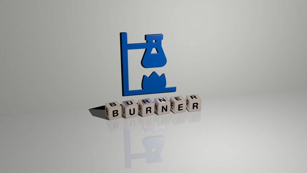 BURNER text of cubic dice letters on the floor and 3D icon on the wall - 3D illustration for gas and basic - Фото, изображение