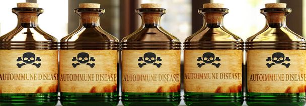 Maladie auto-immune peut être comme un poison mortel - représenté par le mot Maladie auto-immune sur les bouteilles toxiques pour symboliser que la maladie auto-immune peut être malsaine pour le corps et l'esprit, illustration 3D - Photo, image