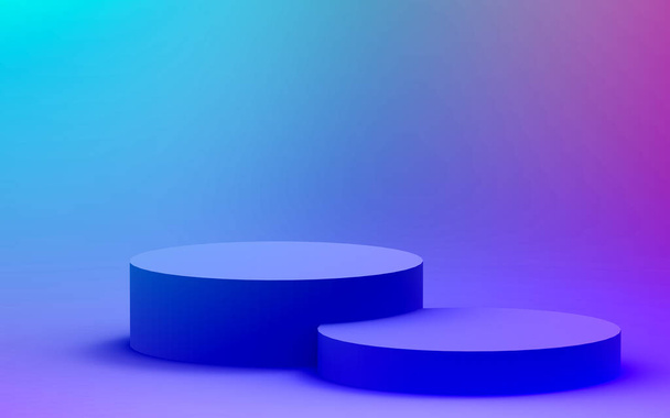 3d violetti sininen neon valo sylinteri palkintokorokkeelle minimaalinen studio kaltevuus tummat värit tausta. Abstrakti 3d geometrinen muoto objekti kuva tehdä. Näyttö yökerho puolue ja teknologian tuote. - Valokuva, kuva