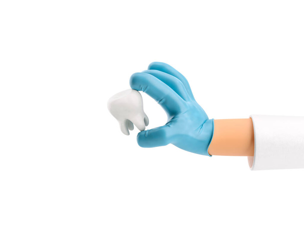 3d ілюстрація. Рука мультиплікаційного персонажа в медичній рукавичці тримає великий зуб
. - Фото, зображення