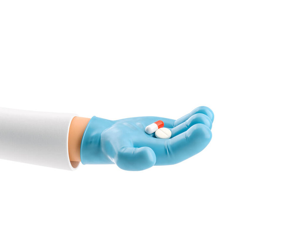 3D illusztráció. Rajzfilm karakter kéz orvosi kesztyű kezében egy maroknyi tablettát. - Fotó, kép