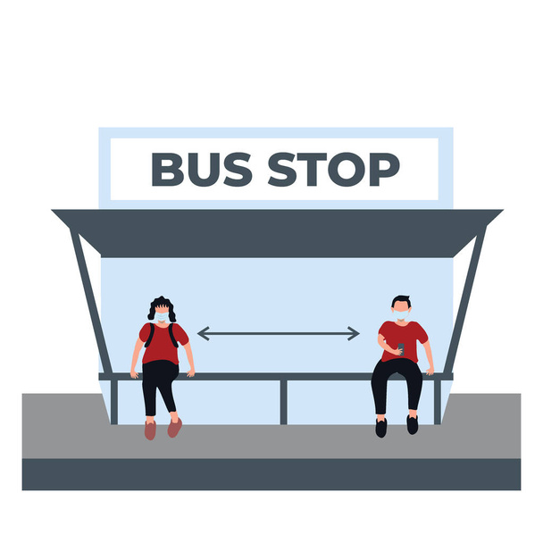 szociális távolságot tartó férfi és nő maszkot visel a buszmegállóban - fehér alapon elszigetelt lapos illusztrációk - Vektor, kép