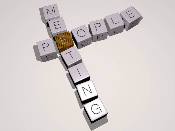 mensen ontmoeten kruiswoordraadsel door kubieke dobbelstenen letters - 3D illustratie voor het bedrijfsleven en de achtergrond - Foto, afbeelding