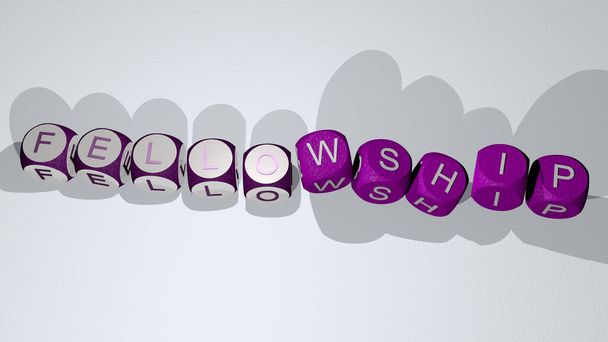 FELLOWSHIP szöveg táncos kocka betűk - 3D illusztráció koncepció és a közösség - Fotó, kép