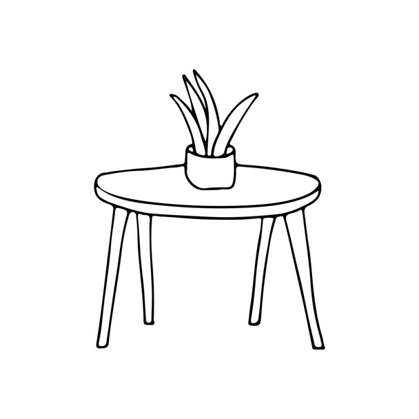 Pianta sul tavolo l'illustrazione scarabocchio. Illustrazione disegnata a mano di tavola e pianta - Vettoriali, immagini