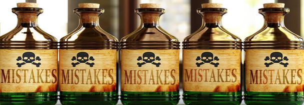 Chyby mohou být jako smrtelný jed - zobrazeno jako slovo Chyby na toxických lahvích symbolizují, že Chyby mohou být nezdravé pro tělo a mysl, 3D ilustrace - Fotografie, Obrázek