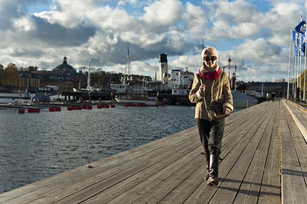 Jolie fille élégante marchant sur la jetée à Stockholm
 - Photo, image