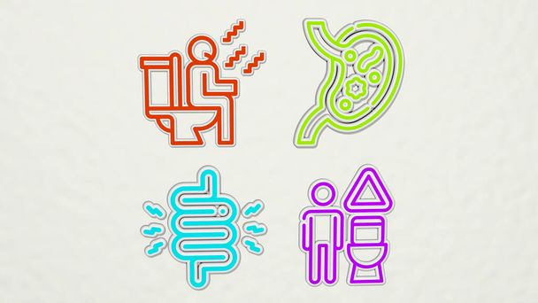 İshal renkli ikonlar. Ağrı ve hastalıklar için 3D çizim. - Fotoğraf, Görsel