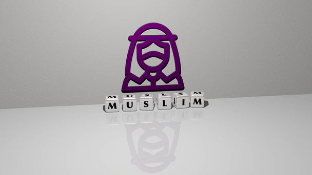 muslimský text krychlových kostek písmen na podlaze a 3D ikony na stěně - 3D ilustrace pro arabštinu a arabštinu - Fotografie, Obrázek