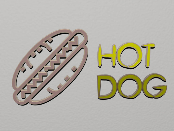 HOT DOG εικονίδιο και κείμενο στον τοίχο - 3D εικόνα για φόντο και καφέ - Φωτογραφία, εικόνα