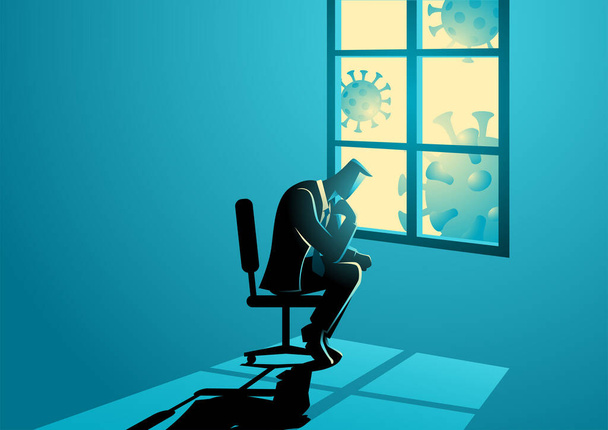 Wektorowa ilustracja postaci człowieka siedzącej smutno przy oknie. Wpływ koronawirusów w biznesie, recesja gospodarcza, koncepcja pandemii covid-19 - Wektor, obraz