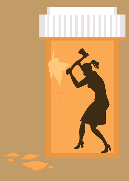 Mujer tratando de romper de un frasco de pastillas que simboliza su adicción a las drogas recetadas, EPS 8 vector ilustración - Vector, Imagen