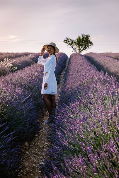 Provence lavanta tarlalarında tatil yapan bir kadın, Provence, Lavanta tarlası Fransa, Valensole Platosu, renkli Lavanta Platosu, Provence, Güney Fransa. Lavanta tarlası - Fotoğraf, Görsel