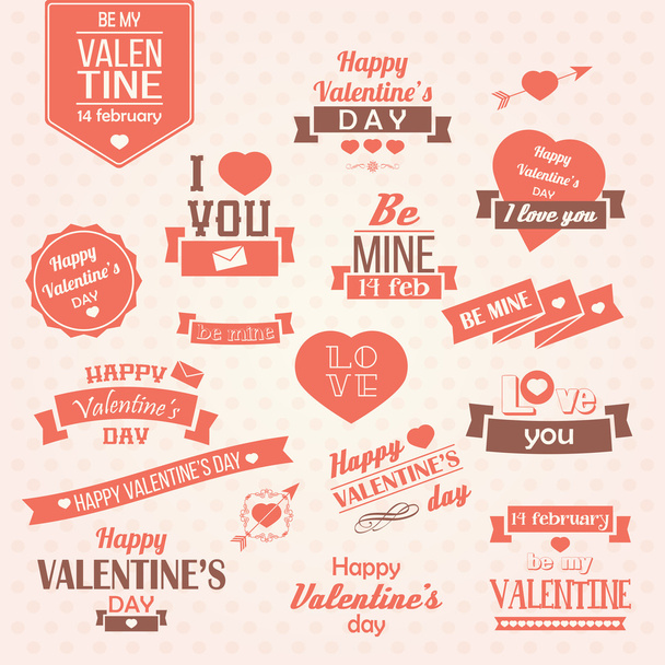 Collection of Valentine s day vintage labels, typographic design elements, ribbons, icons, stamps, badges, vector illustration - Vector, Image