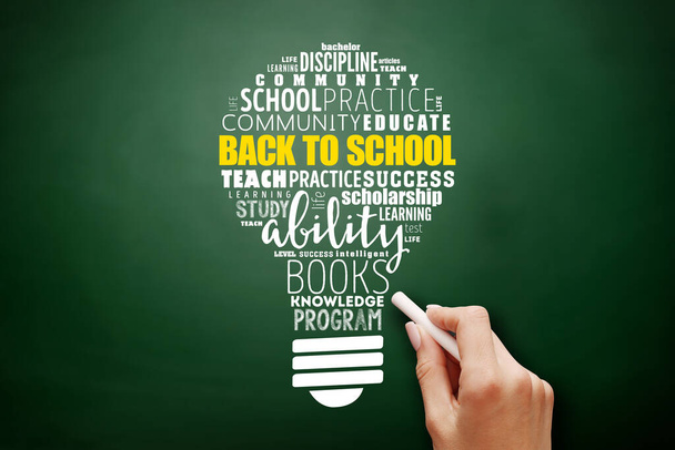 Back to School light bulb word cloud collage, education concept background on blackboard - Foto, afbeelding