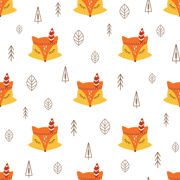 Carino modello di volpe foresta senza soluzione di continuità animale, foglie, albero. Sfondo semplice autunno tessile Bambini volpe - Foto, immagini