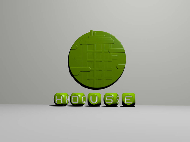huis 3D icoon op de muur en tekst van kubieke alfabetten op de vloer - 3D illustratie voor gebouw en architectuur - Foto, afbeelding