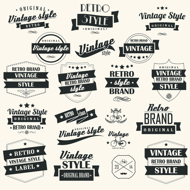 Collection of vintage retro labels, badges, stamps, ribbons, marks and typographic design elements, vector illustration - Vector, Image