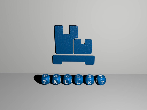 3D-grafisches Bild von PALLET vertikal mit Text aus metallischen kubischen Buchstaben von oben, hervorragend für die Konzeptpräsentation und Diashows für Hintergrund und Illustration - Foto, Bild