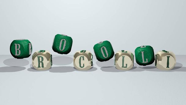 brocolli dancing cubic letters - 3D illustration for broccoli and background - 写真・画像