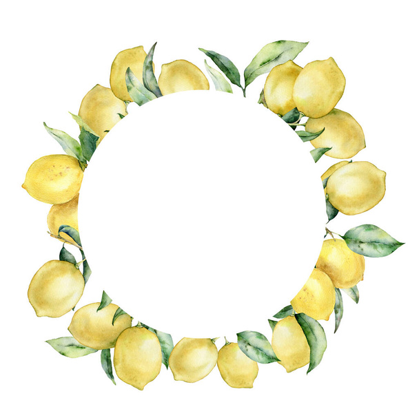 Watercolor tropical circle wreath with lemon and leaves. Hand painted exotic card with plant isolated on white background. Floral illustration for design, print, fabric or background. - Foto, Imagem