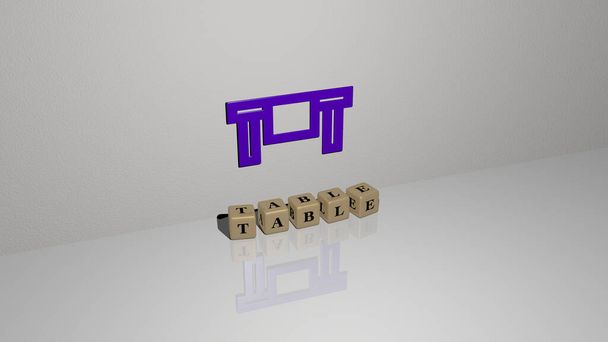 tabla de texto de letras de dados cúbicos en el suelo y 3D icono en la pared - Ilustración 3D para fondo y madera - Foto, Imagen
