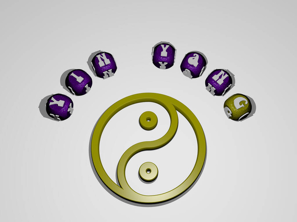 YIN YANG icon surrounded by the text of individual letters - 3D illustration for symbol and background - Photo, Image
