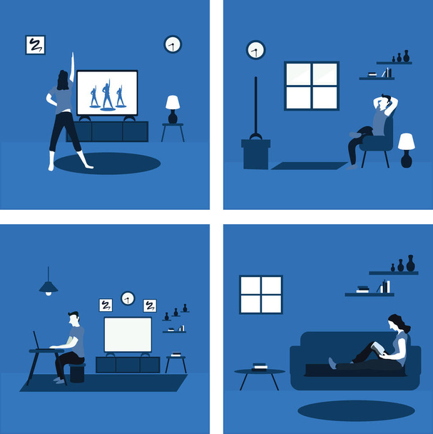 kobiety uprawiające aerobik, mężczyzna pracujący dorywczo w domu, kobieta czytająca książkę, mężczyzna oglądający telewizję w domu - dwa dźwięki płaskich ilustracji - Wektor, obraz