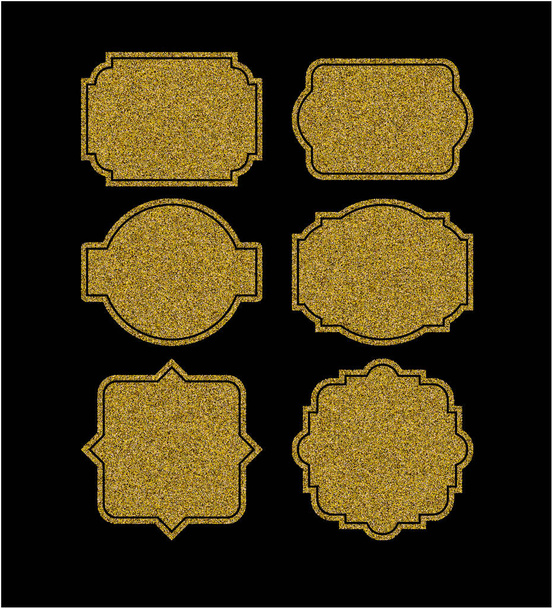 Gold sparkles on black in frame. Golden glitter background. Shine backdrop for card, vip, exclusive, certificate, gift, luxury, privilege, voucher, store present shopping eps - Vector, Image