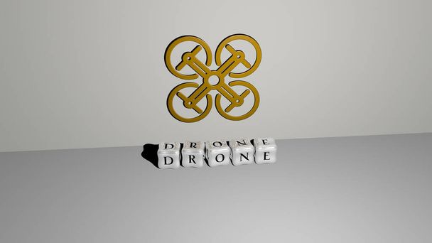 drone 3D kuvake seinällä ja kuutiometriä kirjaimia lattialla - 3D-kuva antenni ja näkymä - Valokuva, kuva