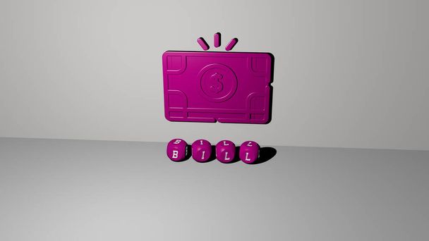 BILL 3D εικονίδιο στον τοίχο και το κείμενο των κυβικών αλφάβητο στο πάτωμα - 3D απεικόνιση για τις επιχειρήσεις και το παρασκήνιο - Φωτογραφία, εικόνα