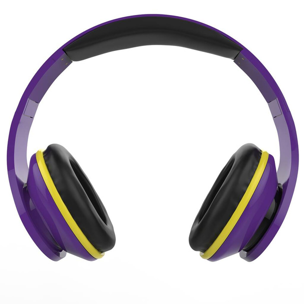 Auriculares inalámbricos modernos de color púrpura con detalles amarillo brillante - Foto, imagen