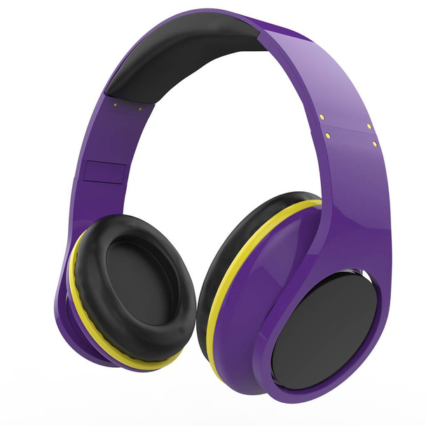Auriculares inalámbricos modernos de color púrpura con detalles de color amarillo brillante - vista lateral - Foto, imagen