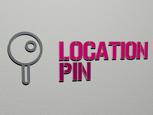 LOCATIE PIN icoon en tekst op de muur - 3D illustratie voor kaart en achtergrond - Foto, afbeelding