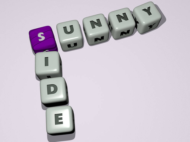 SUNNY SIDE Kreuzworträtsel mit Würfelbuchstaben - 3D-Illustration für blau und schön - Foto, Bild