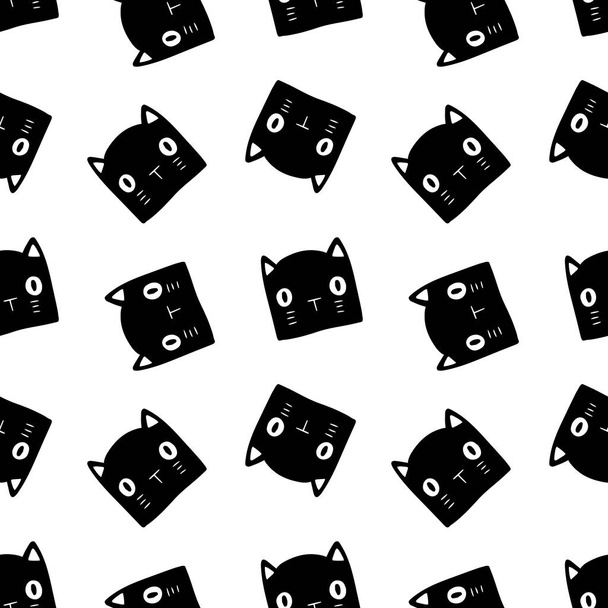 Halloween black and white pattern with cat heads on white background. Drawn by hand vector doodle black cats. Good for halloween gloomy decorations. - Wektor, obraz