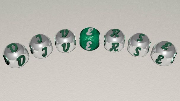 diverse curved text of cubic dice letters - 3D illustration for business and group - Photo, Image