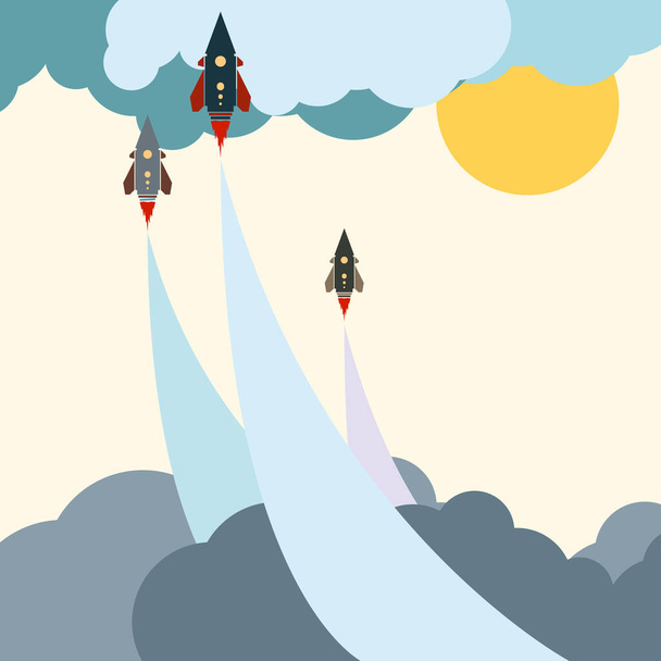 Colored art cartoon rocket jet in cloud blue sky - Vector, Image