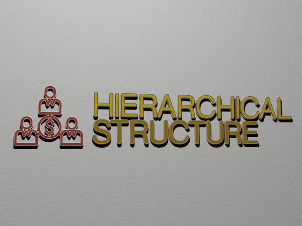 estrutura hierárquica ícone e texto na parede - ilustração 3D para negócios e fundo
 - Foto, Imagem