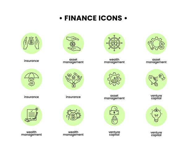 Icone finanziarie impostate. Illustrazione vettoriale di asset management, venture capital, assicurazioni, icone di gestione patrimoniale - Vettoriali, immagini