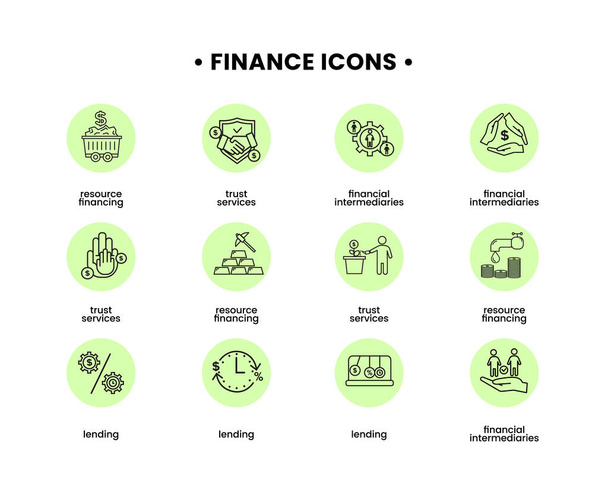 Conjunto de iconos financieros. Ilustración vectorial de iconos de intermediarios financieros, financiación de recursos, servicios fiduciarios, préstamos - Vector, Imagen