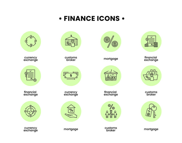 Finance icons set. Vector illustration of customs broker, mortgage, financial exchange, currency exchange icons. - Vector, Image