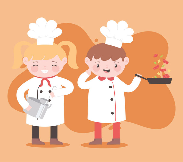chefs chica y niño con cucharón cacerola y verduras personaje de dibujos animados - Vector, Imagen