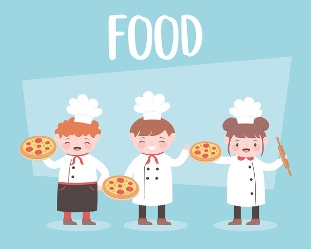 sarjakuvakokit ruoanlaitto ja tilalla pizza ruokaa - Vektori, kuva