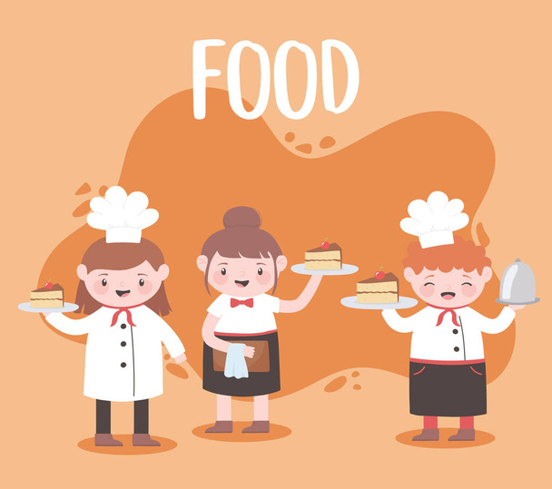 chefs de dibujos animados cocina y la celebración de bandeja de alimentos pasteles de postre - Vector, Imagen